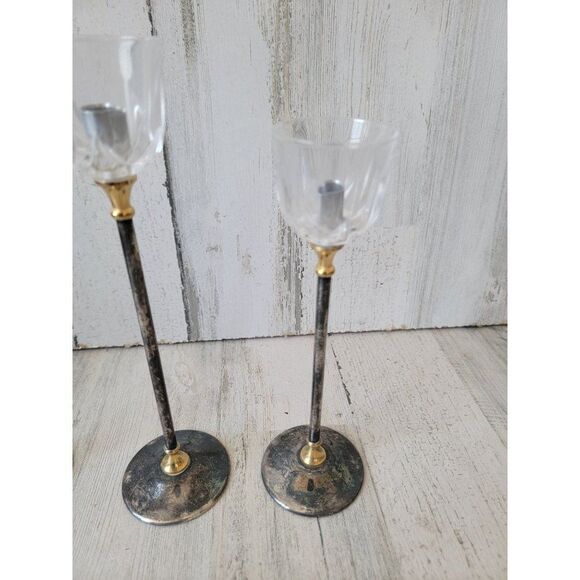 Landes crystal Italy brass candle holder set home decor - Picture 4 of 10